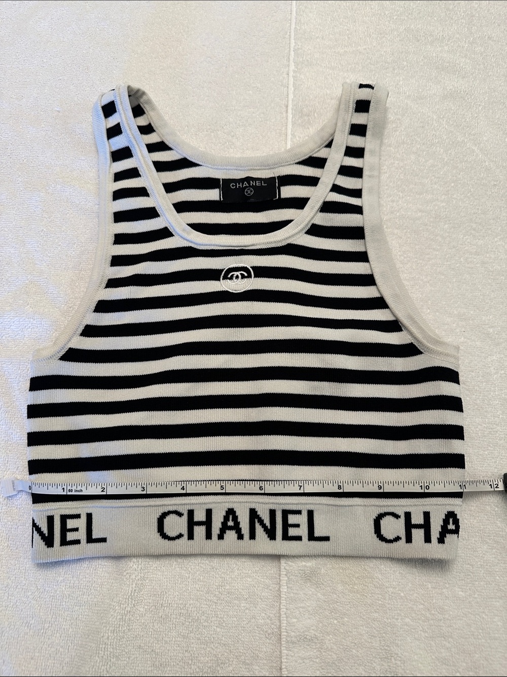 CHANEL Black and White Striped Cropped  Knit Tank with Logo Hem